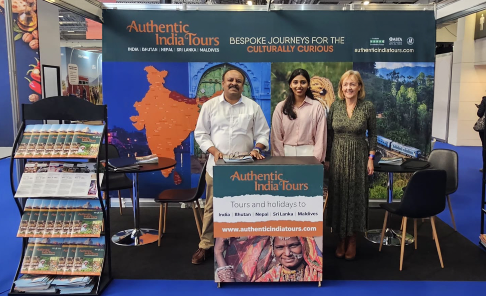 Authentic India Tours exhibition stand with ShowSuit shell scheme graphics at UK travel show
