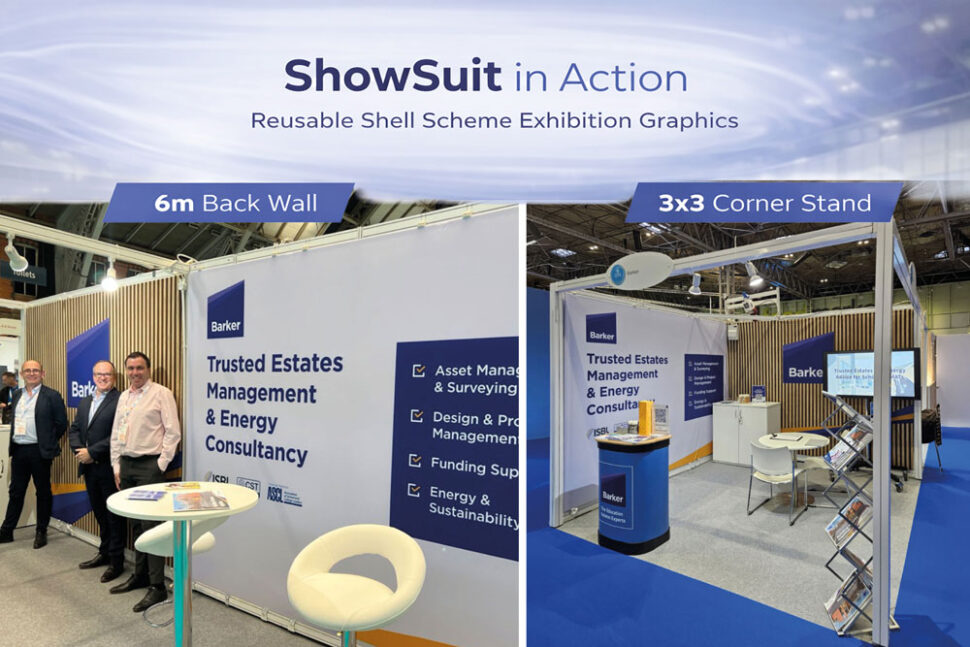 ShowSuit reusable shell scheme graphics used by Barker Associates, showing 6m back wall and 3x3 corner exhibition stand