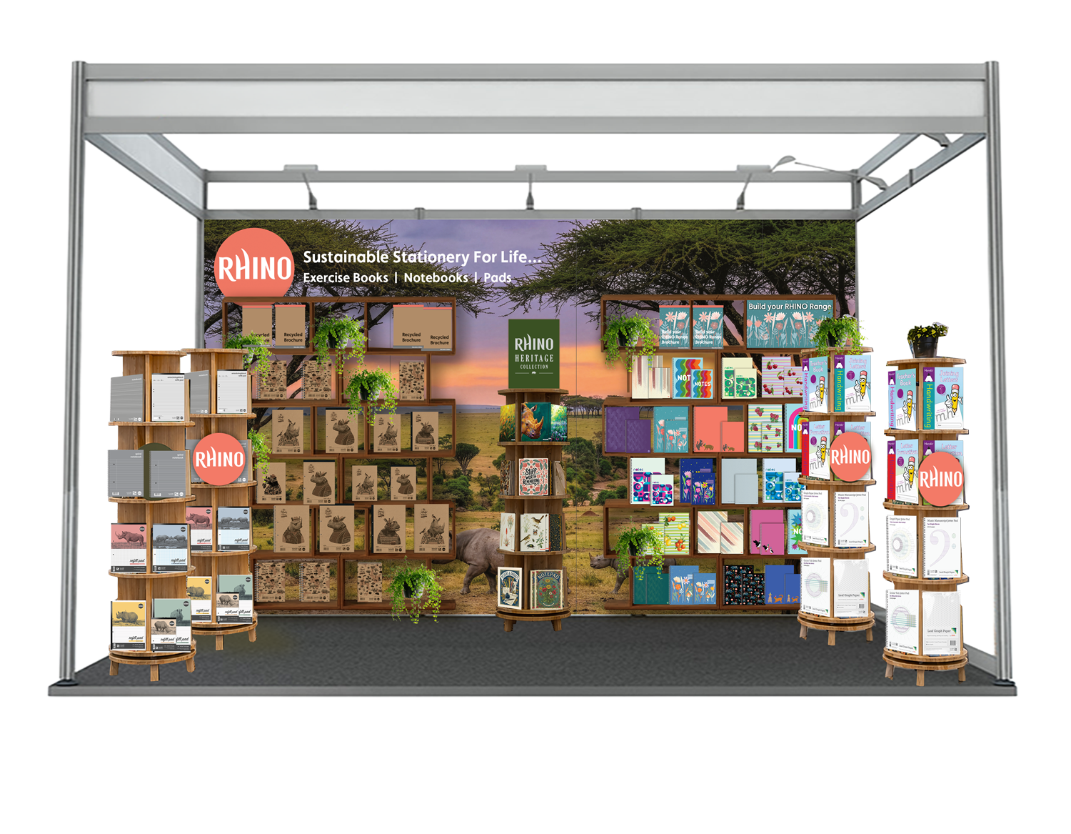 RHINO London Stationery Show exhibition stand visual with shelving in front of the ShowSuit backdrop